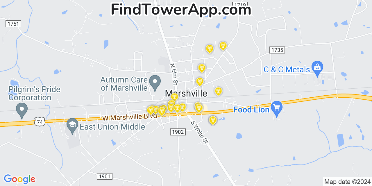 AT&T 4G/5G cell tower coverage map Marshville, North Carolina