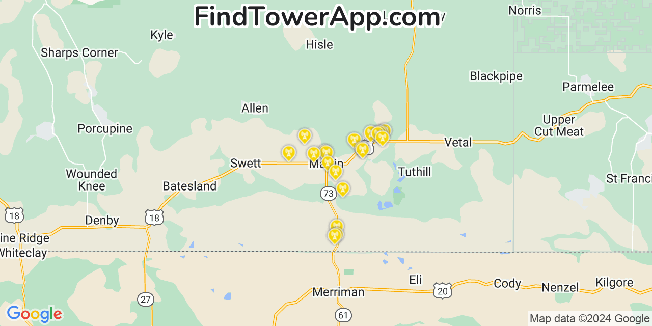 AT&T 4G/5G cell tower coverage map Martin, South Dakota