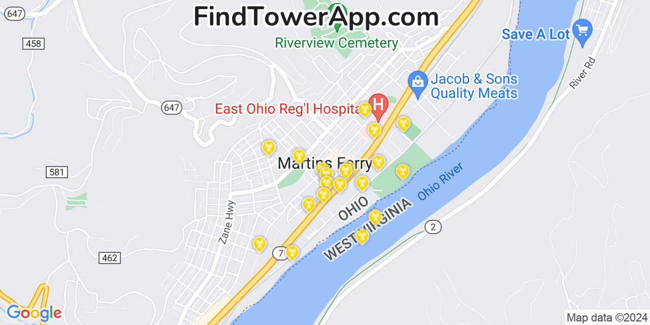 AT&T 4G/5G cell tower coverage map Martins Ferry, Ohio