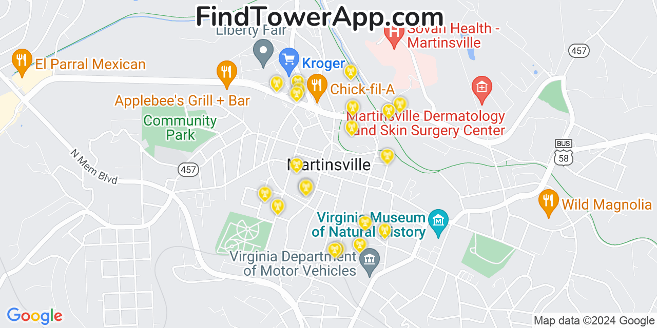 AT&T 4G/5G cell tower coverage map Martinsville, Virginia
