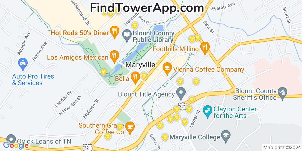 AT&T 4G/5G cell tower coverage map Maryville, Tennessee