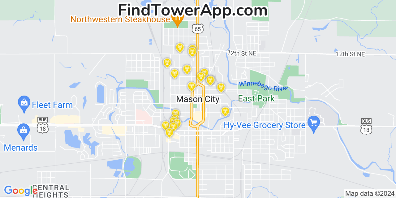 AT&T 4G/5G cell tower coverage map Mason City, Iowa