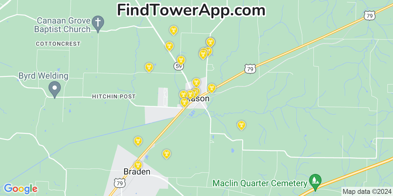 AT&T 4G/5G cell tower coverage map Mason, Tennessee