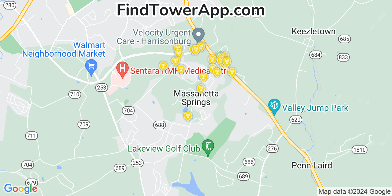 AT&T 4G/5G cell tower coverage map Massanetta Springs, Virginia