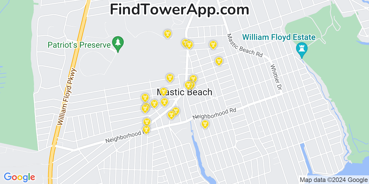 Verizon 4G/5G cell tower coverage map Mastic Beach, New York