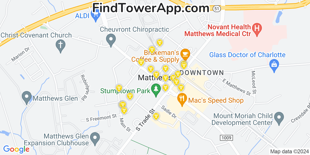 AT&T 4G/5G cell tower coverage map Matthews, North Carolina