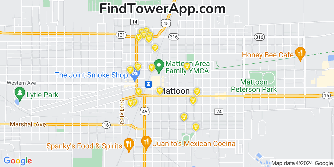 Verizon 4G/5G cell tower coverage map Mattoon, Illinois