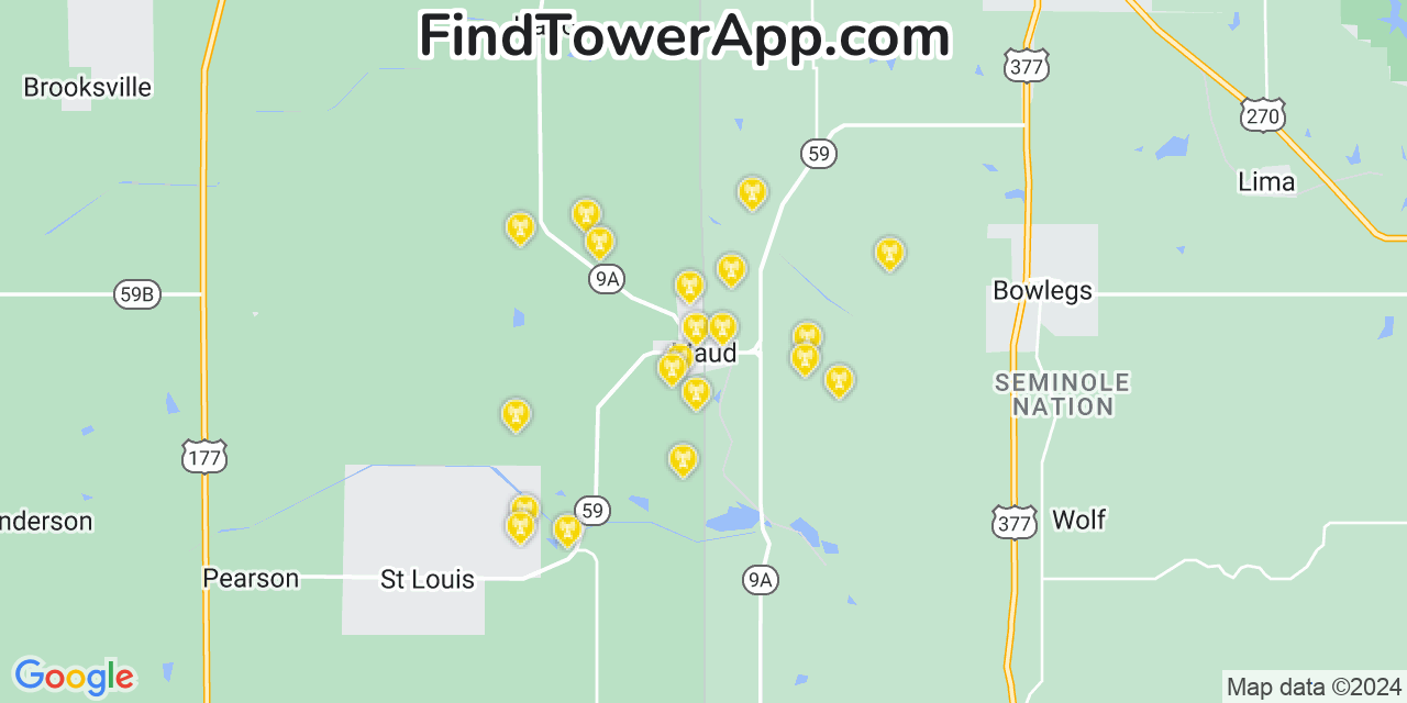 AT&T 4G/5G cell tower coverage map Maud, Oklahoma