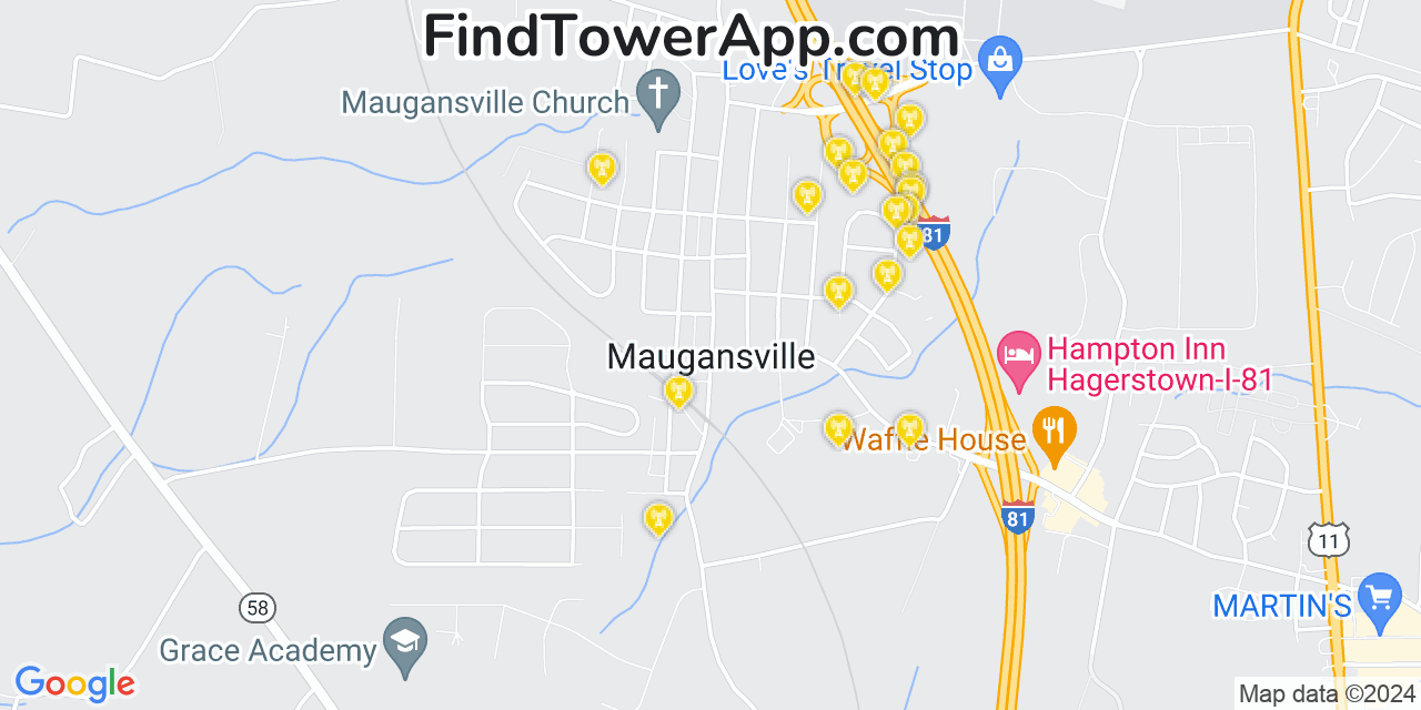 AT&T 4G/5G cell tower coverage map Maugansville, Maryland