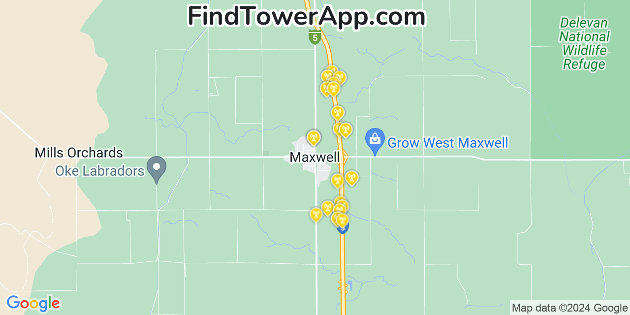 AT&T 4G/5G cell tower coverage map Maxwell, California