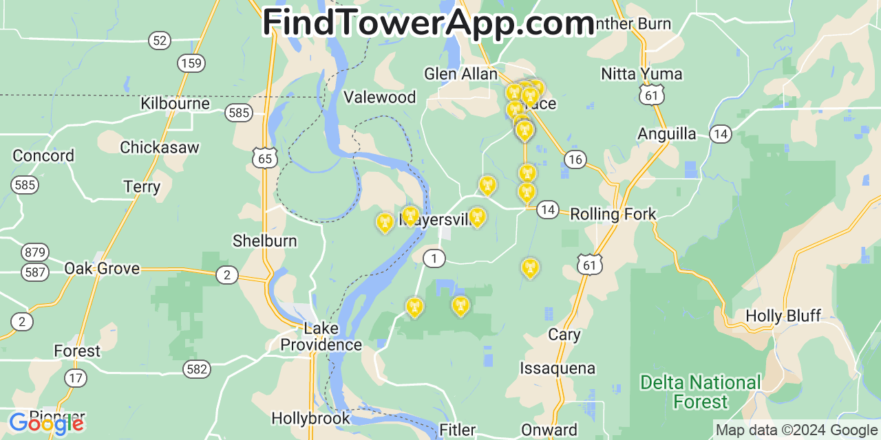 AT&T 4G/5G cell tower coverage map Mayersville, Mississippi