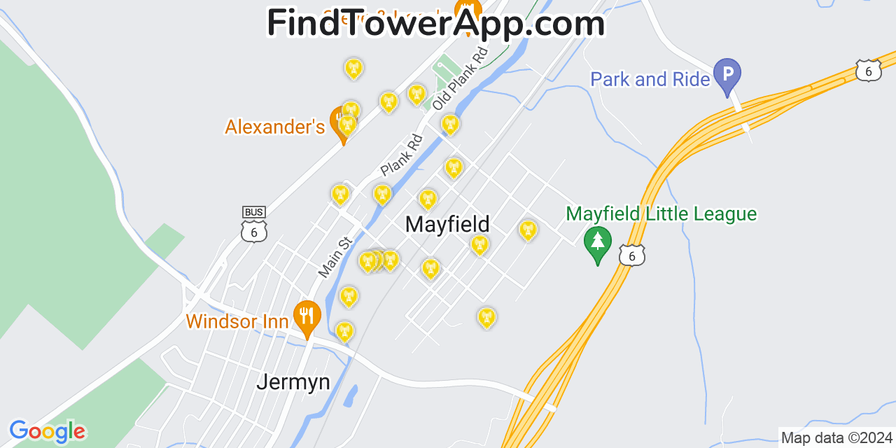 AT&T 4G/5G cell tower coverage map Mayfield, Pennsylvania