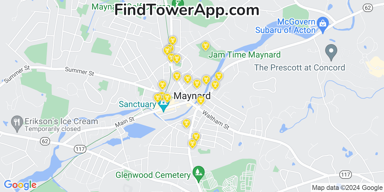 AT&T 4G/5G cell tower coverage map Maynard, Massachusetts