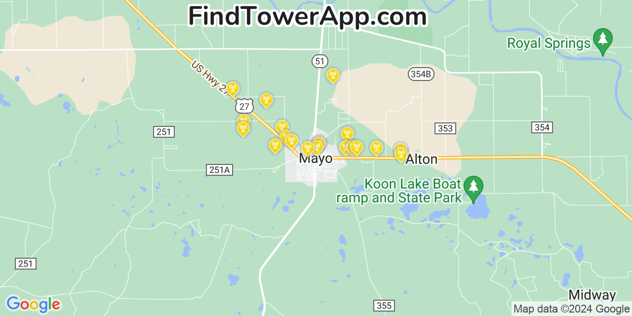 Verizon 4G/5G cell tower coverage map Mayo, Florida