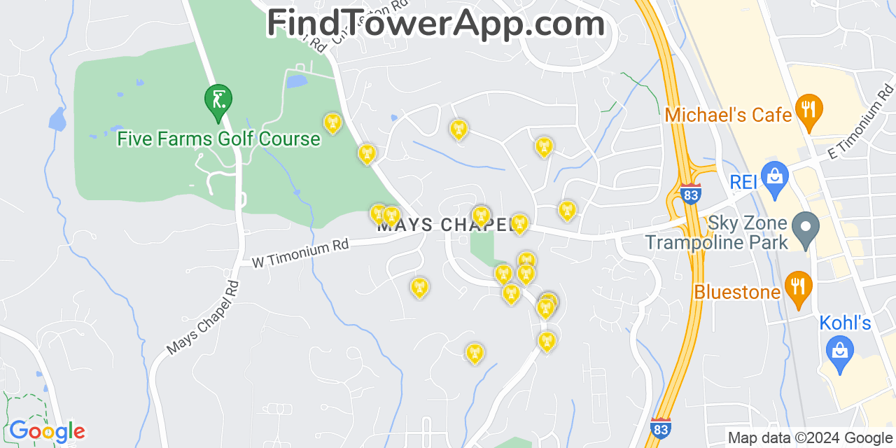 AT&T 4G/5G cell tower coverage map Mays Chapel, Maryland