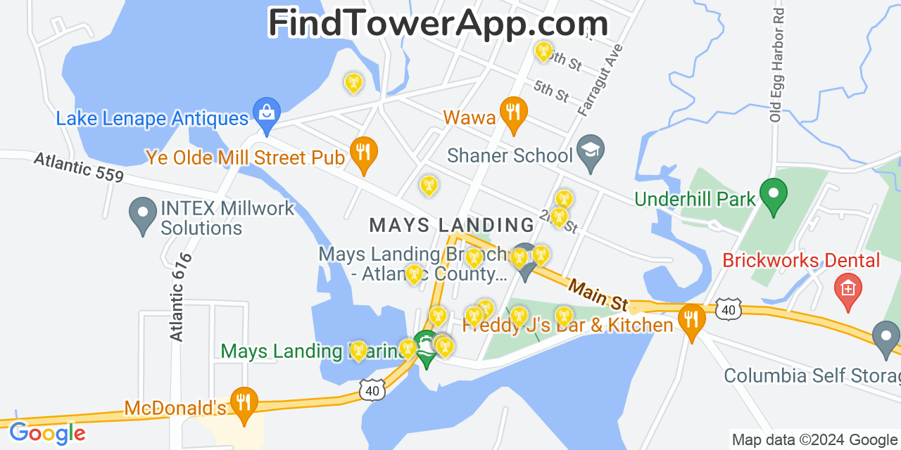 AT&T 4G/5G cell tower coverage map Mays Landing, New Jersey