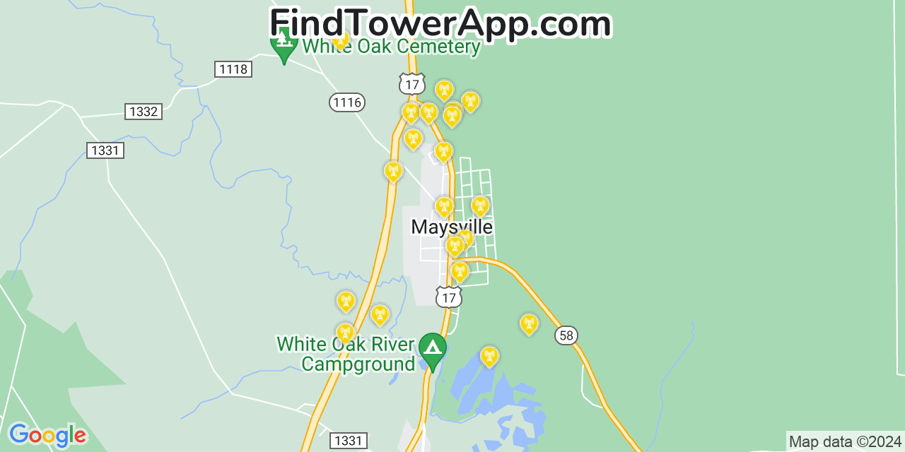 AT&T 4G/5G cell tower coverage map Maysville, North Carolina
