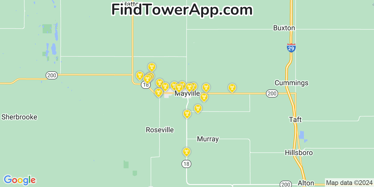 AT&T 4G/5G cell tower coverage map Mayville, North Dakota