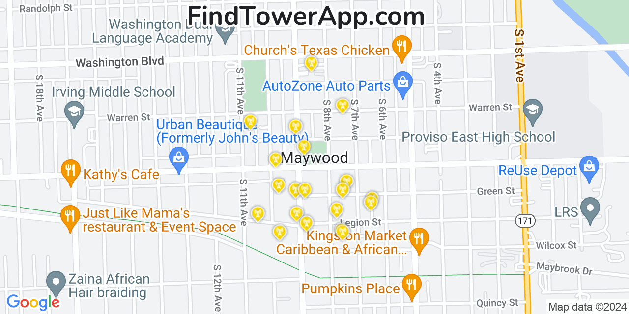 AT&T 4G/5G cell tower coverage map Maywood, Illinois