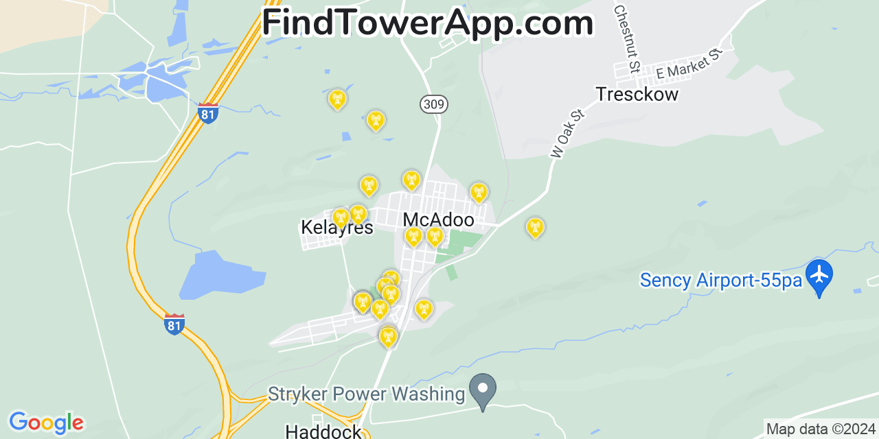 Verizon 4G/5G cell tower coverage map McAdoo, Pennsylvania