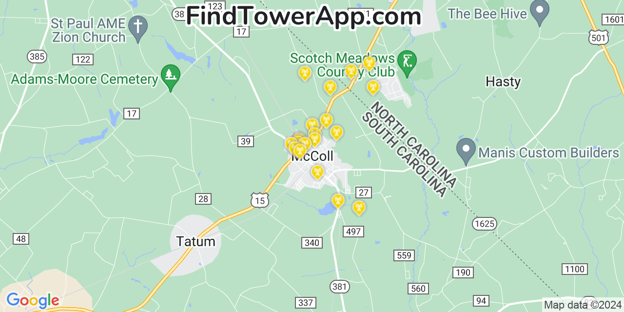 AT&T 4G/5G cell tower coverage map McColl, South Carolina