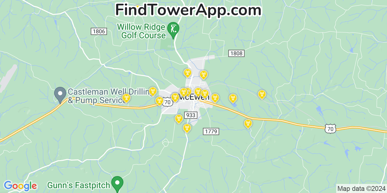 AT&T 4G/5G cell tower coverage map McEwen, Tennessee