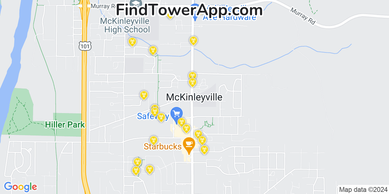 AT&T 4G/5G cell tower coverage map McKinleyville, California