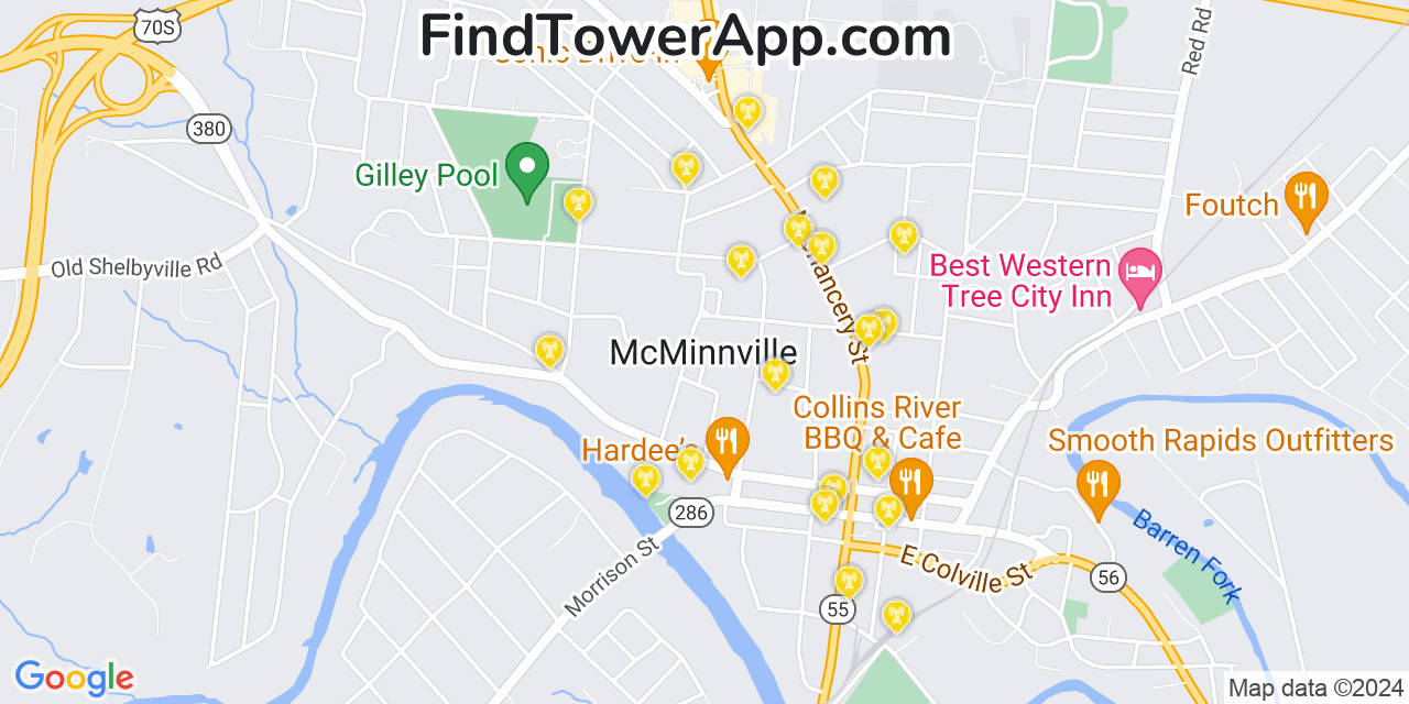 AT&T 4G/5G cell tower coverage map McMinnville, Tennessee