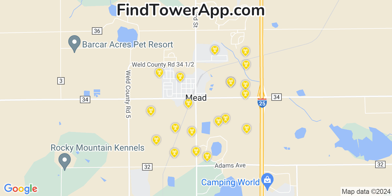 AT&T 4G/5G cell tower coverage map Mead, Colorado