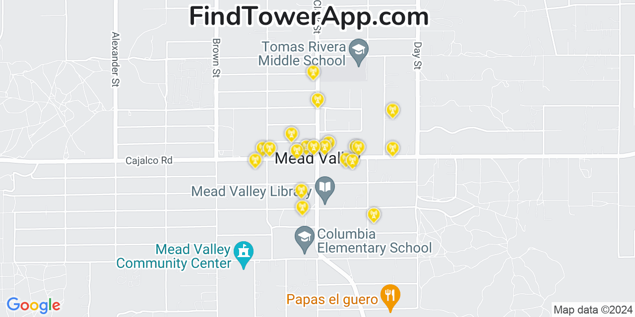 AT&T 4G/5G cell tower coverage map Mead Valley, California