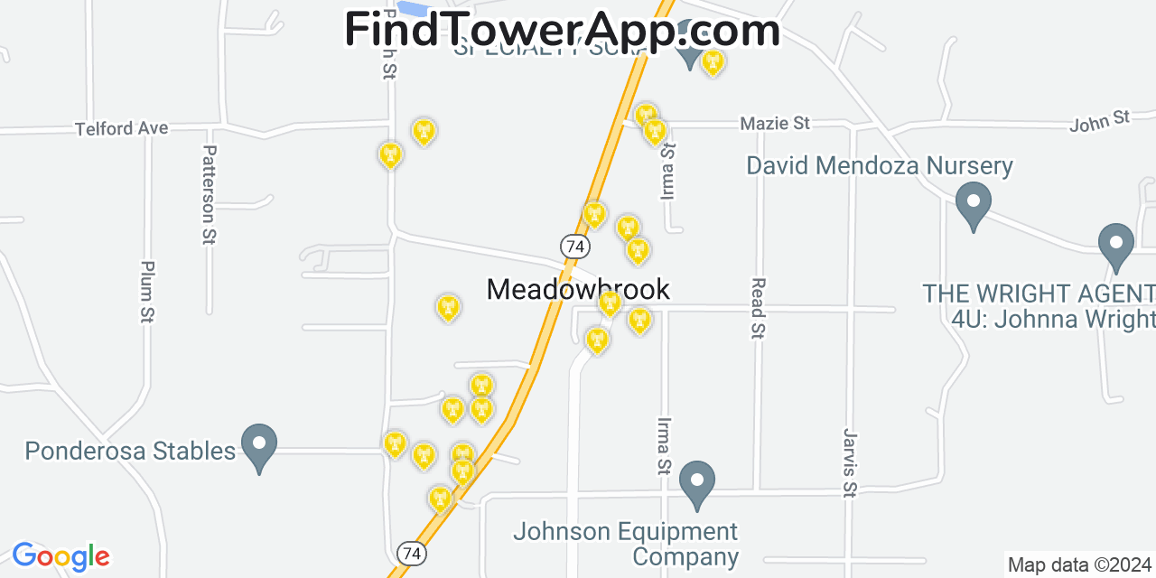 AT&T 4G/5G cell tower coverage map Meadowbrook, California