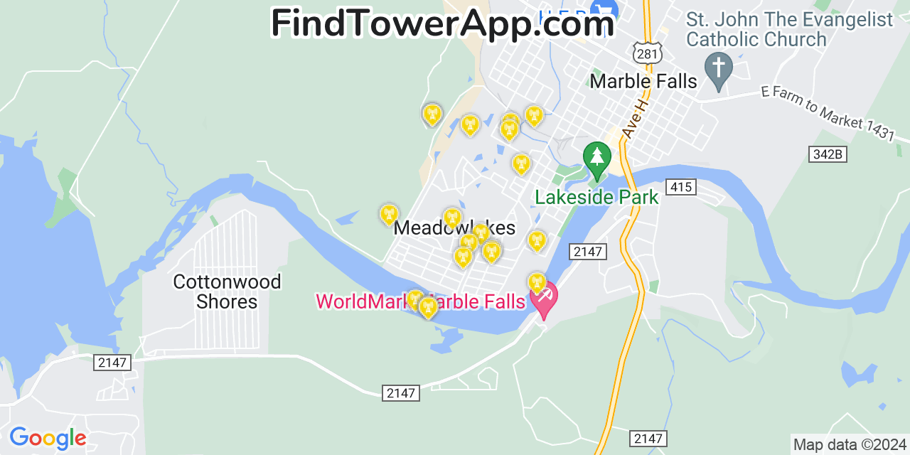 AT&T 4G/5G cell tower coverage map Meadowlakes, Texas