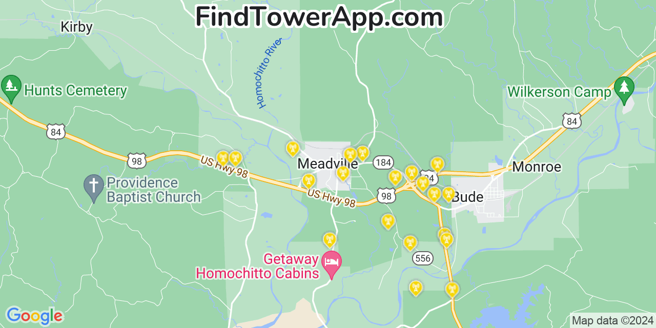 Verizon 4G/5G cell tower coverage map Meadville, Mississippi