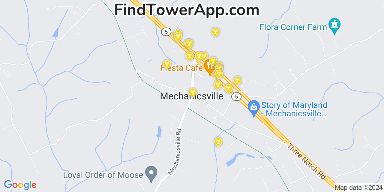 AT&T 4G/5G cell tower coverage map Mechanicsville, Maryland