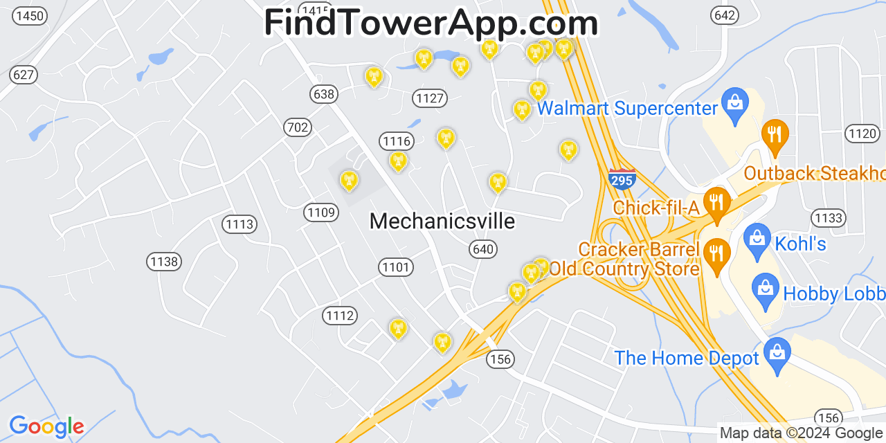 AT&T 4G/5G cell tower coverage map Mechanicsville, Virginia