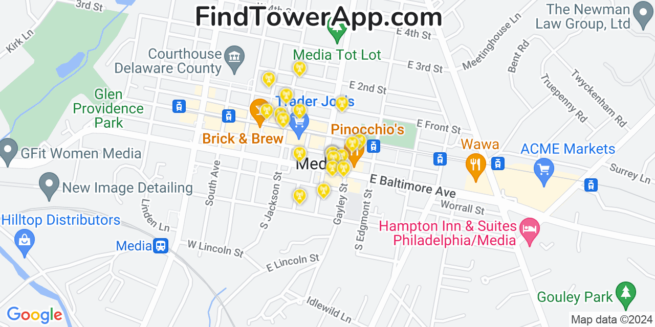 AT&T 4G/5G cell tower coverage map Media, Pennsylvania
