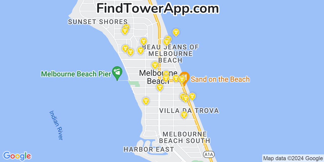 AT&T 4G/5G cell tower coverage map Melbourne Beach, Florida