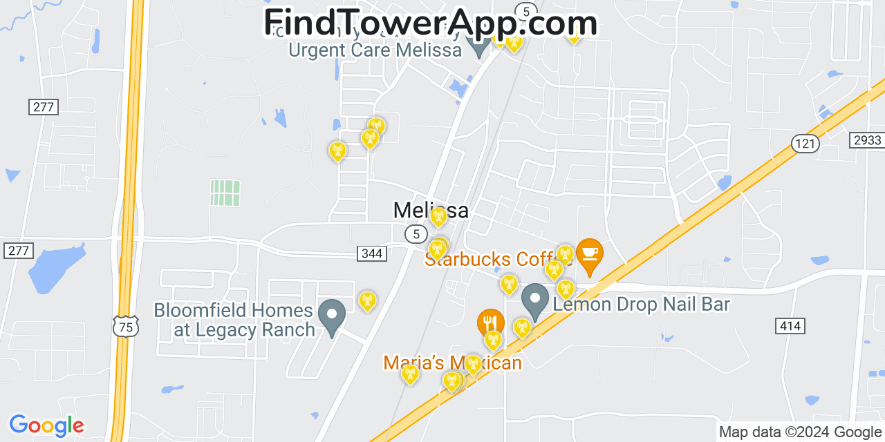 AT&T 4G/5G cell tower coverage map Melissa, Texas