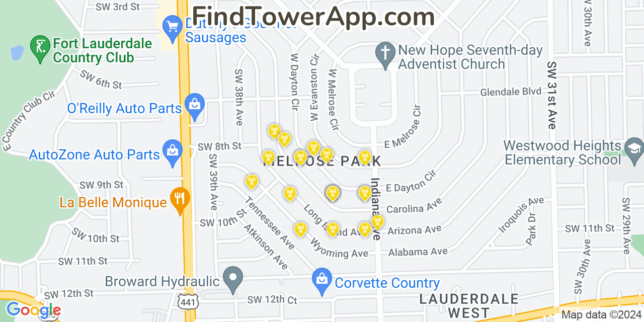 AT&T 4G/5G cell tower coverage map Melrose Park, Florida