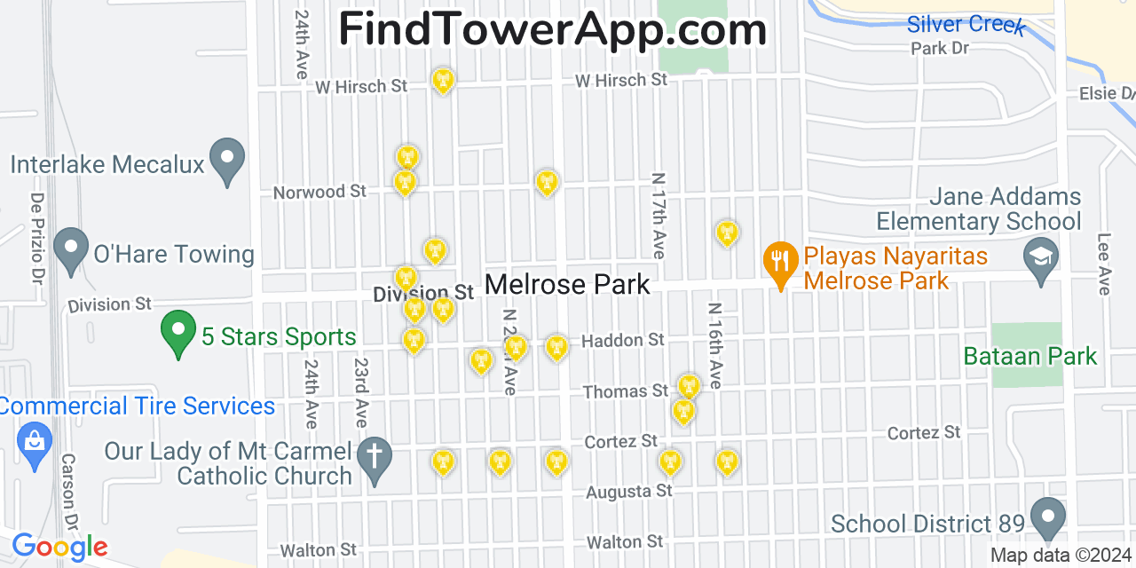 AT&T 4G/5G cell tower coverage map Melrose Park, Illinois