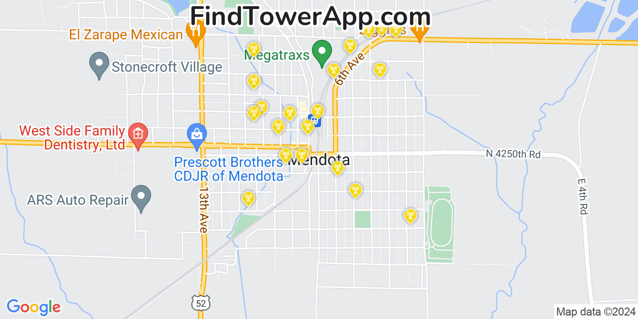 AT&T 4G/5G cell tower coverage map Mendota, Illinois