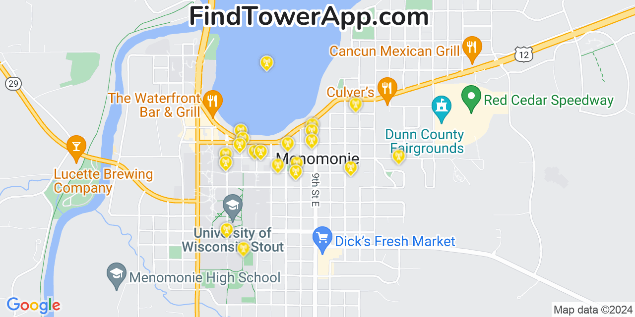 AT&T 4G/5G cell tower coverage map Menomonie, Wisconsin