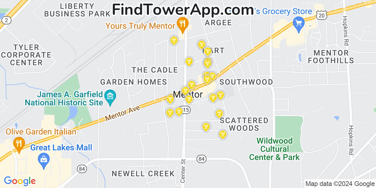 AT&T 4G/5G cell tower coverage map Mentor, Ohio
