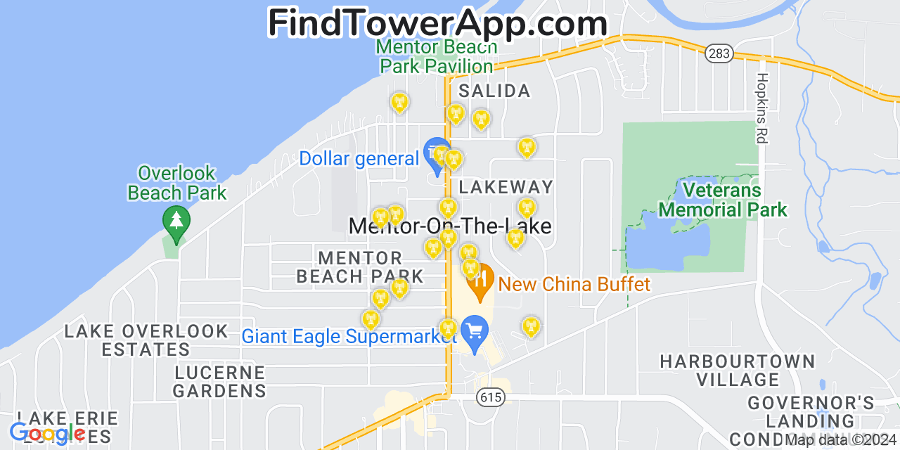 AT&T 4G/5G cell tower coverage map Mentor on the Lake, Ohio