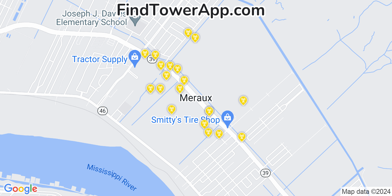 AT&T 4G/5G cell tower coverage map Meraux, Louisiana