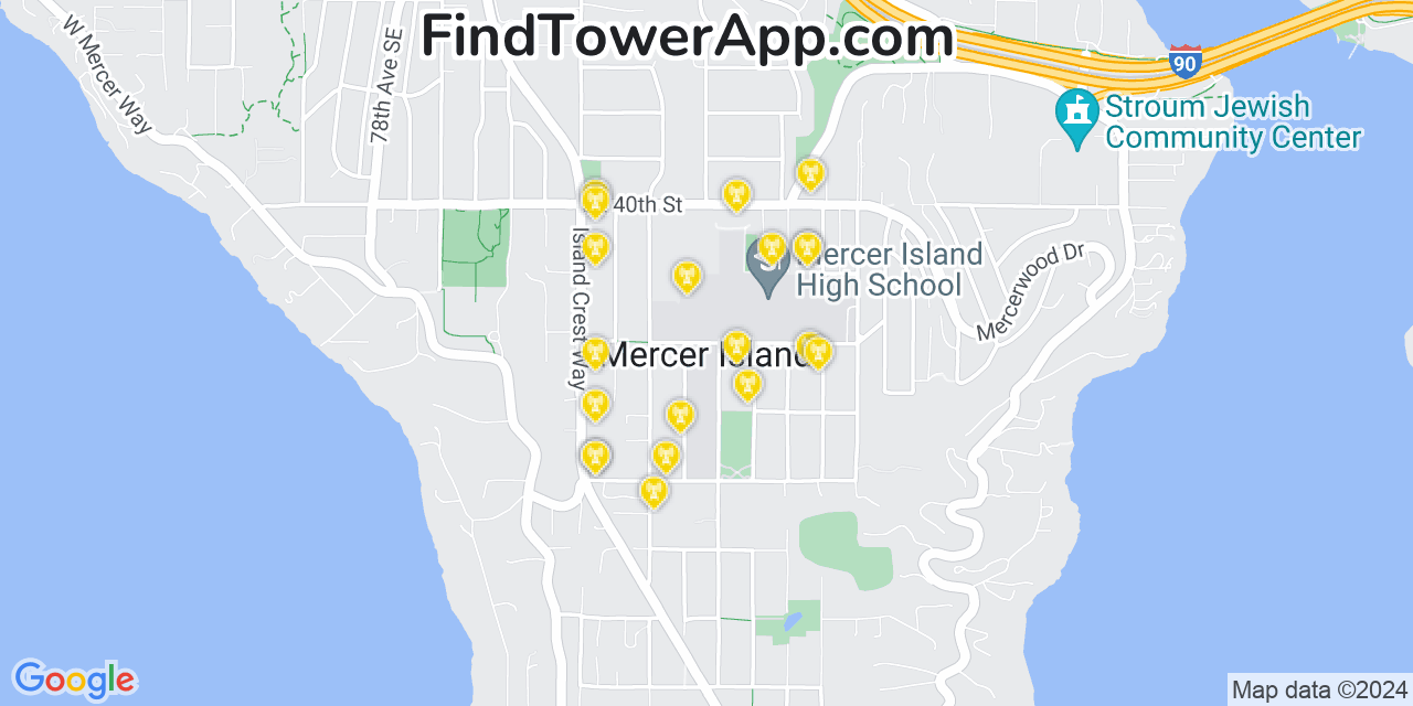 AT&T 4G/5G cell tower coverage map Mercer Island, Washington