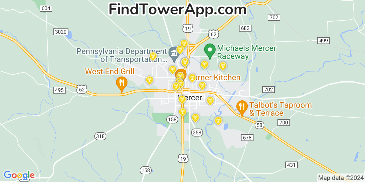 AT&T 4G/5G cell tower coverage map Mercer, Pennsylvania