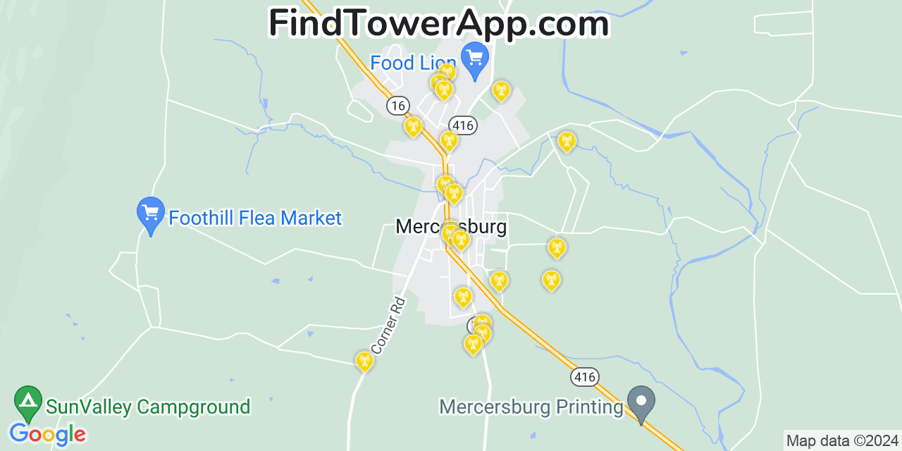 AT&T 4G/5G cell tower coverage map Mercersburg, Pennsylvania