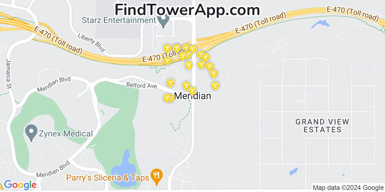 AT&T 4G/5G cell tower coverage map Meridian, Colorado