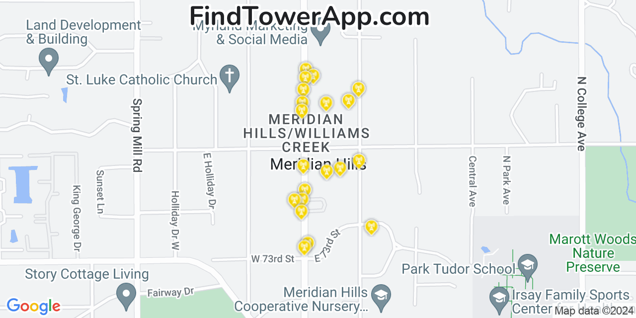 AT&T 4G/5G cell tower coverage map Meridian Hills, Indiana